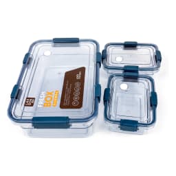 Three clear rectangular plastic food storage containers with blue clasps, stacked on top of each other on a white background. - view 3