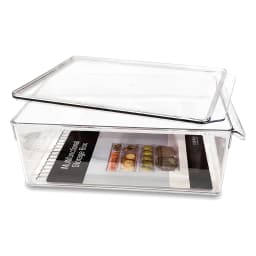 Clear rectangular acrylic storage container with a separate clear lid, on a white background, showing its transparency. - view 4
