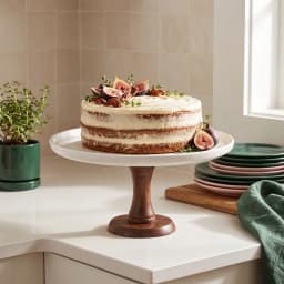 White Porcelain Cake Stand with Dark Wood Base - view 1