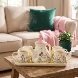 Cream porcelain tea set with pink lid teapot, four mugs, and a tray, all decorated with colorful Alice in Wonderland floral… - view 1