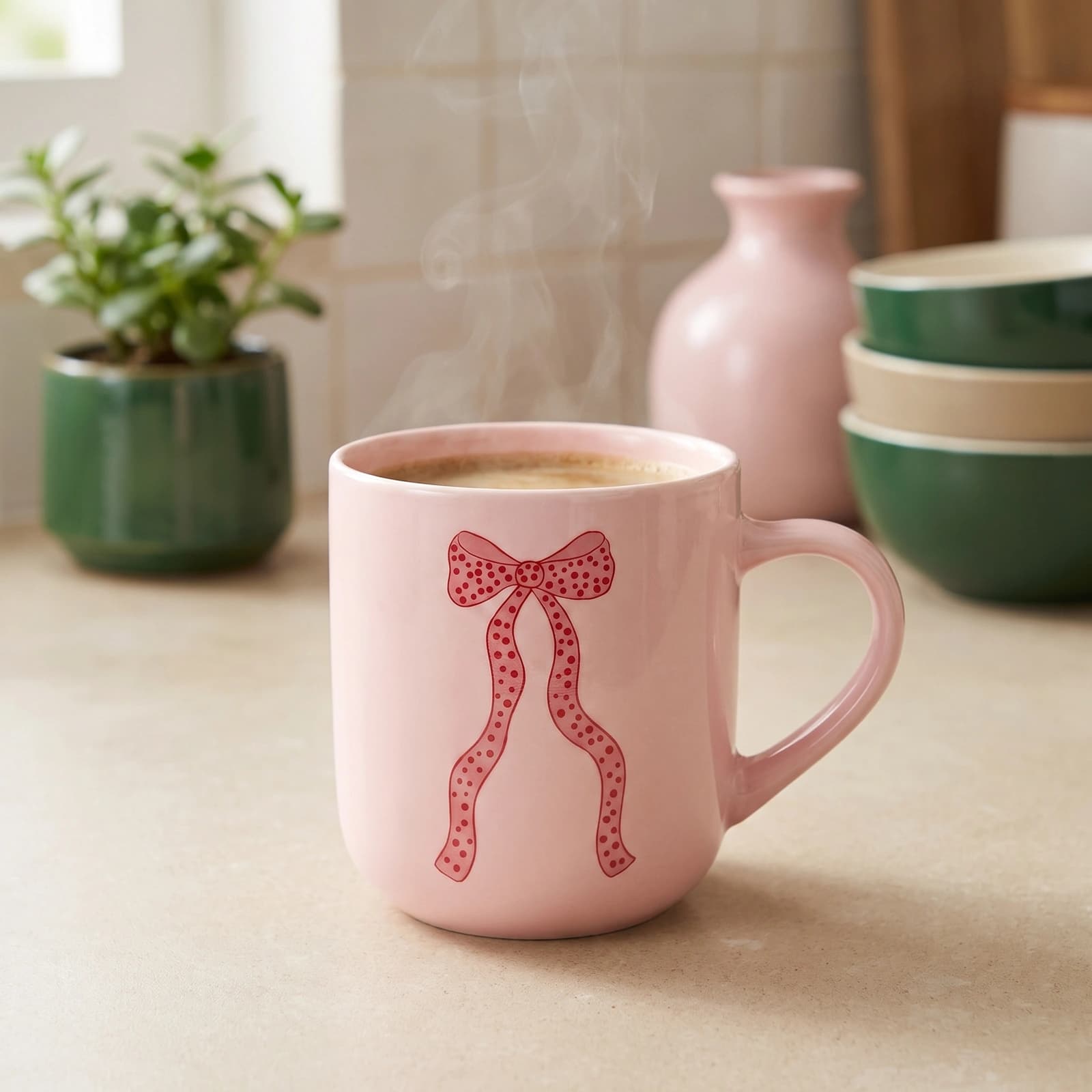 Light pink ceramic mug with a red polka-dotted ribbon design on a white background