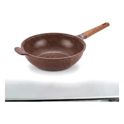 Brown speckled granite deep frying pan with a long wood-look handle and a short helper handle on a white background. - view 2