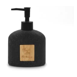 Black speckled ceramic soap dispenser with vertical ridges and a black pump, featuring a small wooden label. - view 2