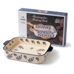 Cream porcelain rectangular baking dish with dark blue leaf pattern and handles, 13 inches, on a white surface. - view 2