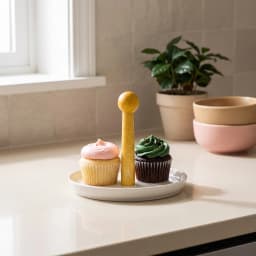 Cream yellow wooden pillar paper towel holder with a white porcelain base on a kitchen counter. - view 1