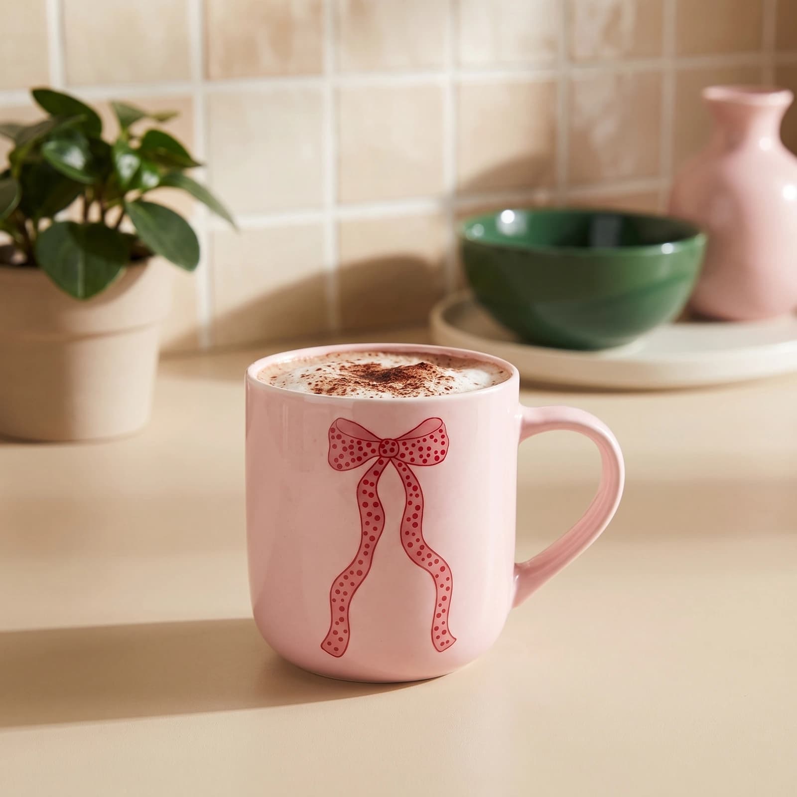 Single light pink ceramic mug with a red polka dot ribbon design on a white background, showing the handle.