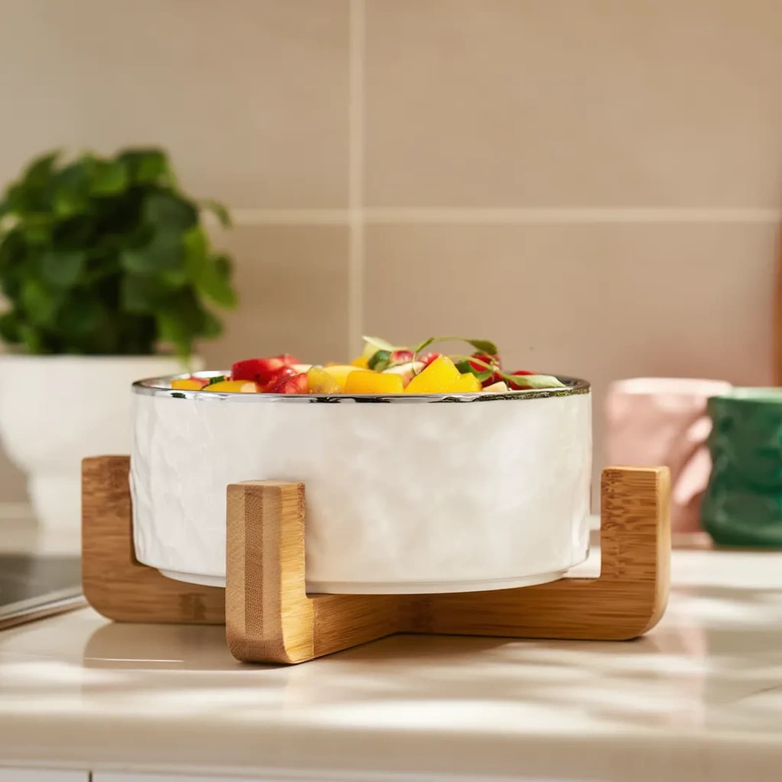 Serving Bowl Porcelain White with Bamboo Stand