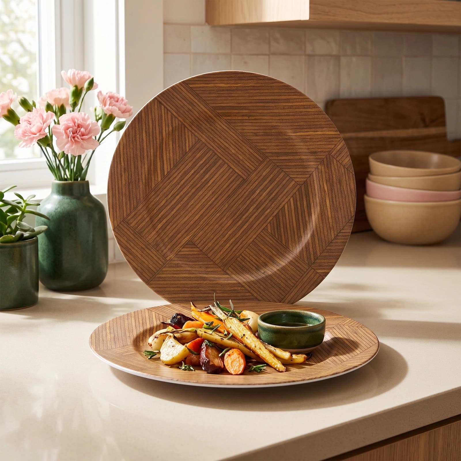 Two round brown melamine plates with a geometric wood grain pattern and white undersides, one standing, one lying flat.