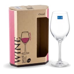 Two clear glass wine glasses, 340ml each, one in a brown and pink box, one standing alone on a white background. - view 3