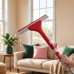 Red and grey telescopic window squeegee with a 12-inch blade on a white background. - view 1