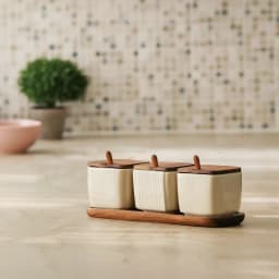 Set of 3 porcelain Storage Jars with Wood Lids & Tray - White - view 1