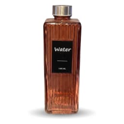 Rose gold ribbed glass water bottle with a silver cap and black 'Water 1000 ML' label on a white shelf. - view 2