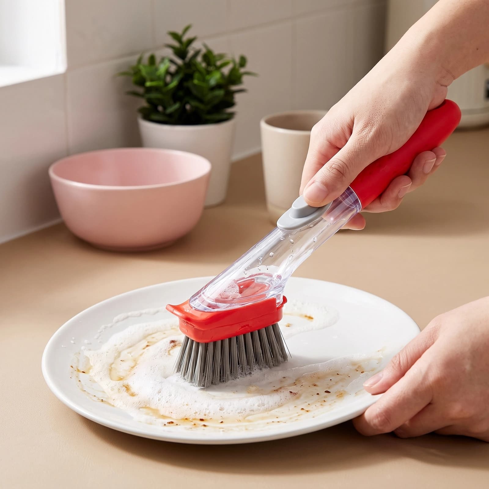 Red plastic soap dispensing dish brush set with a grey bristle head and an interchangeable grey and yellow sponge head.