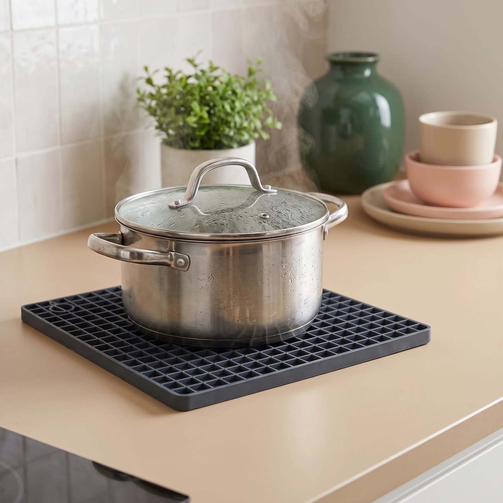 Dark gray square silicone coaster mat with a grid pattern, holding a steaming metal pot on a light brown kitchen counter.