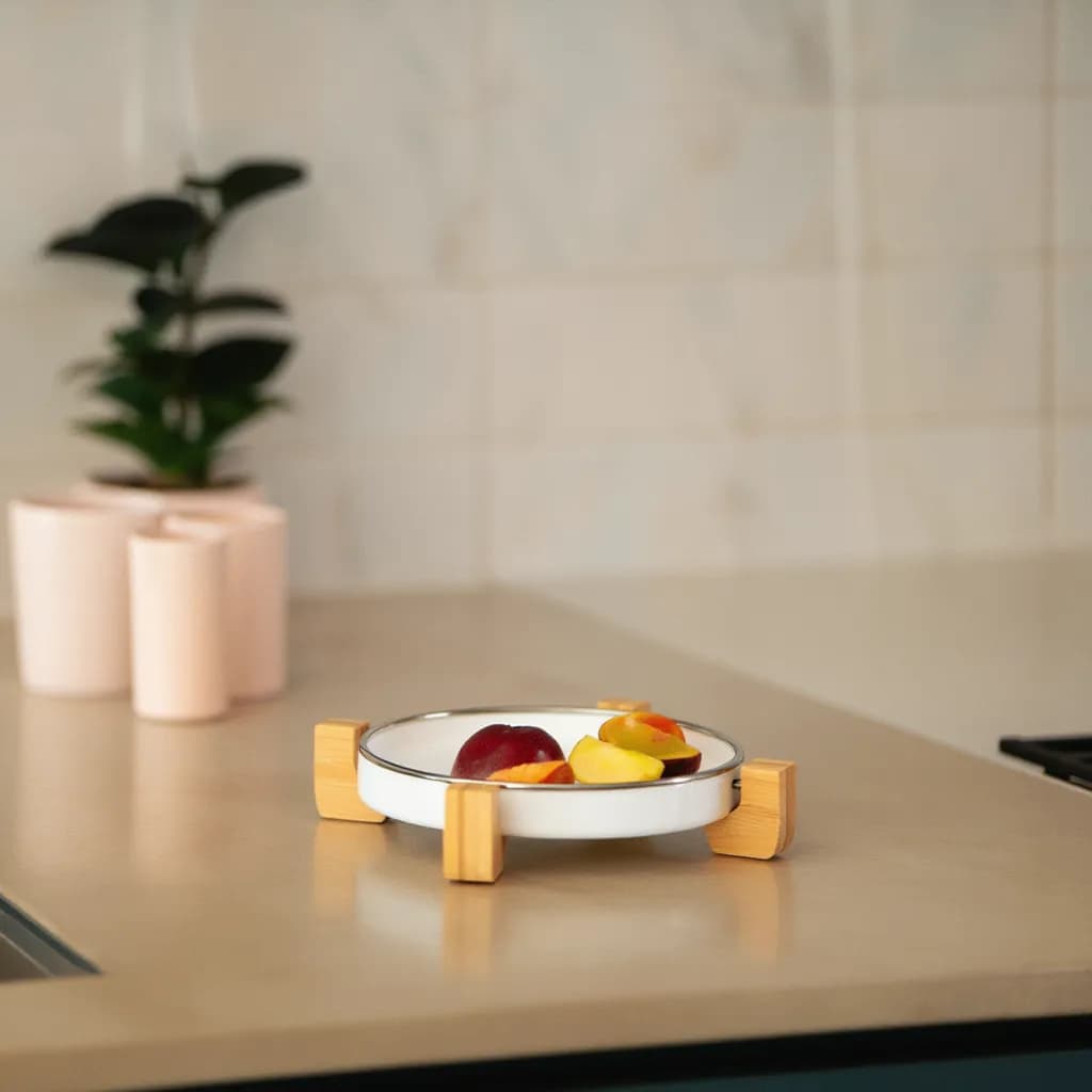 White Porcelain Serving Tray with Wood Stand
