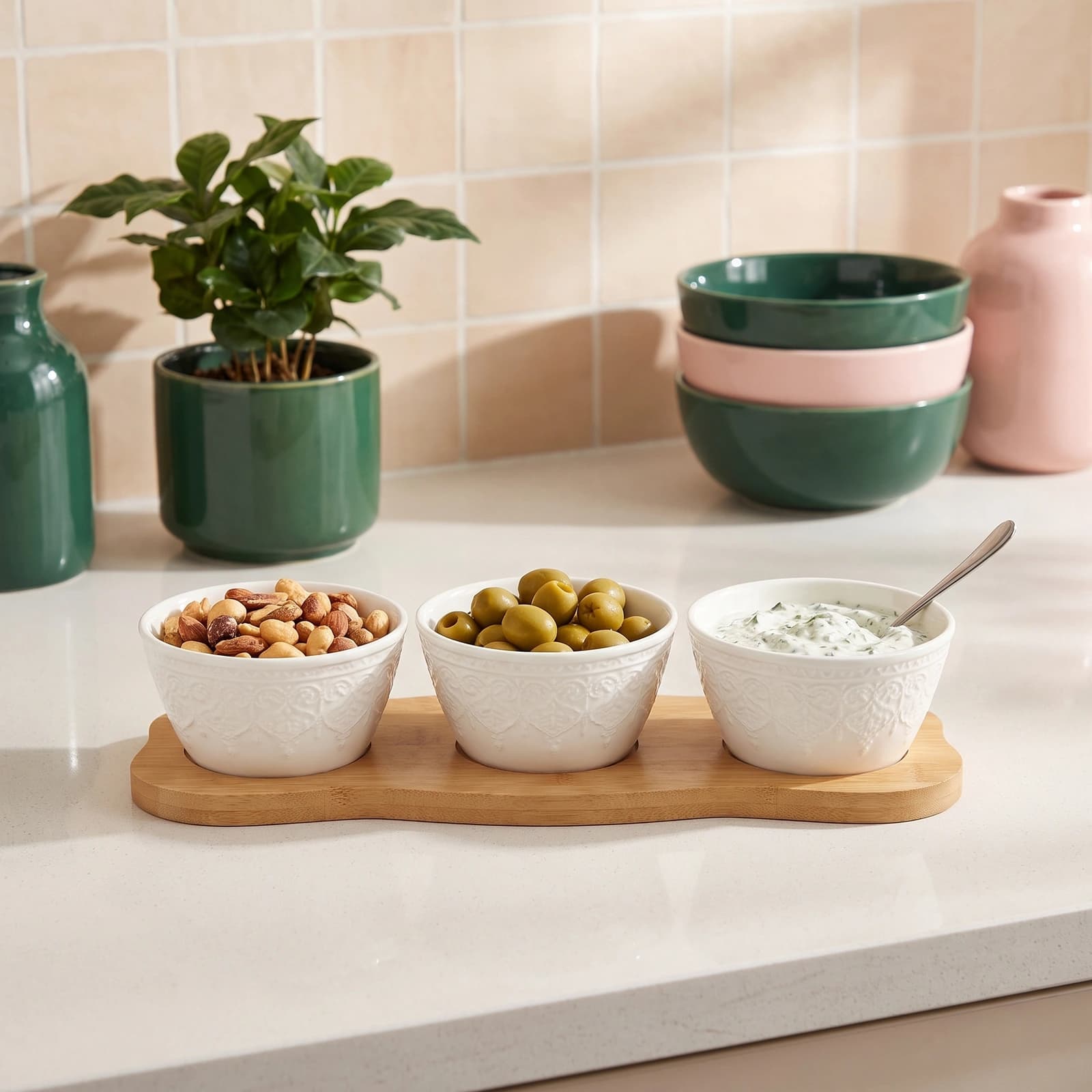 Three white porcelain serving bowls with embossed design on a light brown wood stand, filled with snacks and dip.