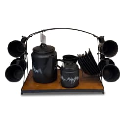 Complete 17-piece black ceramic coffee and tea set on a dark wooden tray with a black metal stand, white background. - view 8
