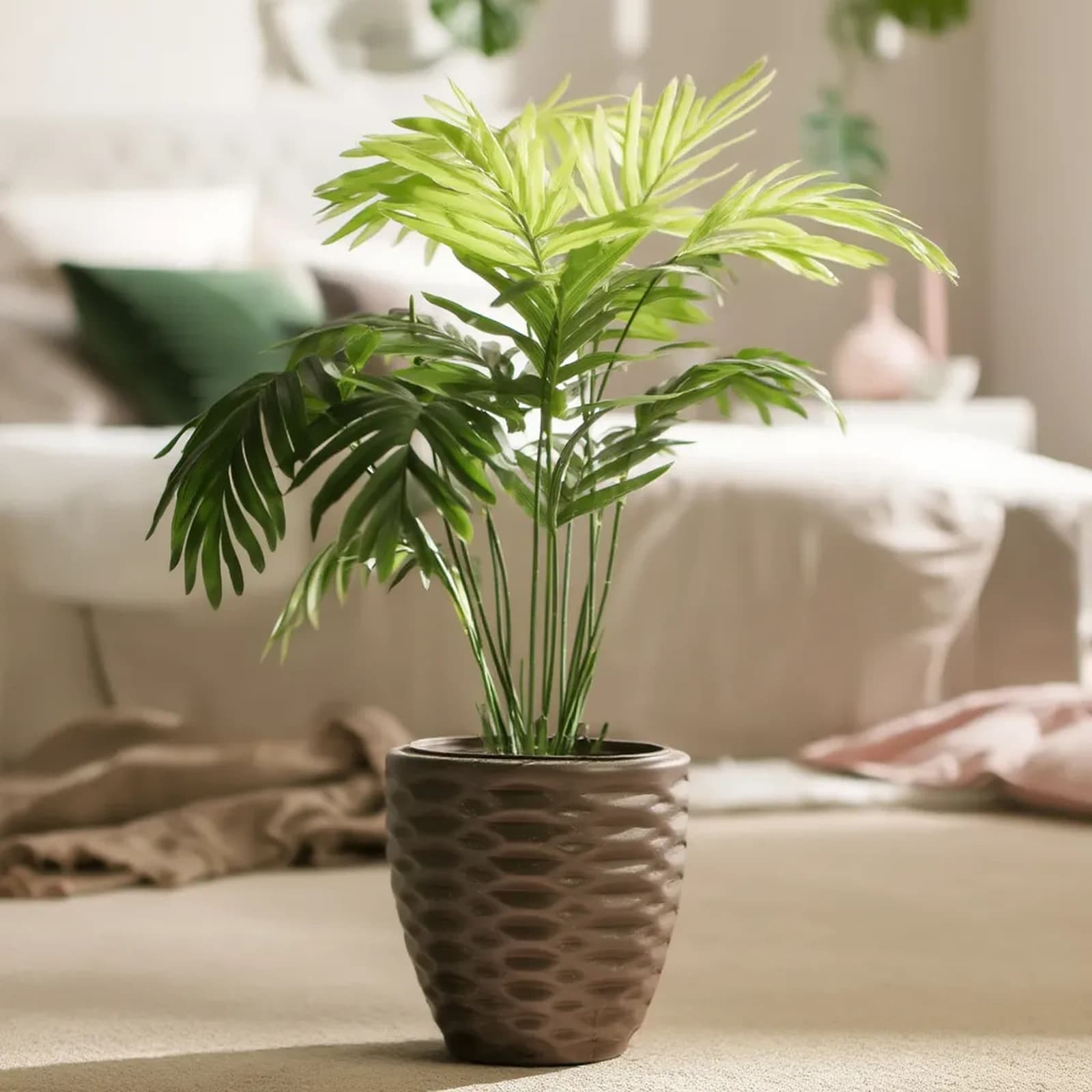 Artificial Palm Plant in Brown Plastic Pot