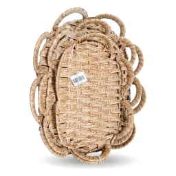 Light brown natural wicker serving tray with decorative scalloped edges on a white background - view 3