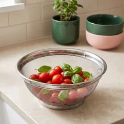 Silver stainless steel mesh colander bowl filled with red cherry tomatoes and green basil leaves on a light kitchen counter. - view 1