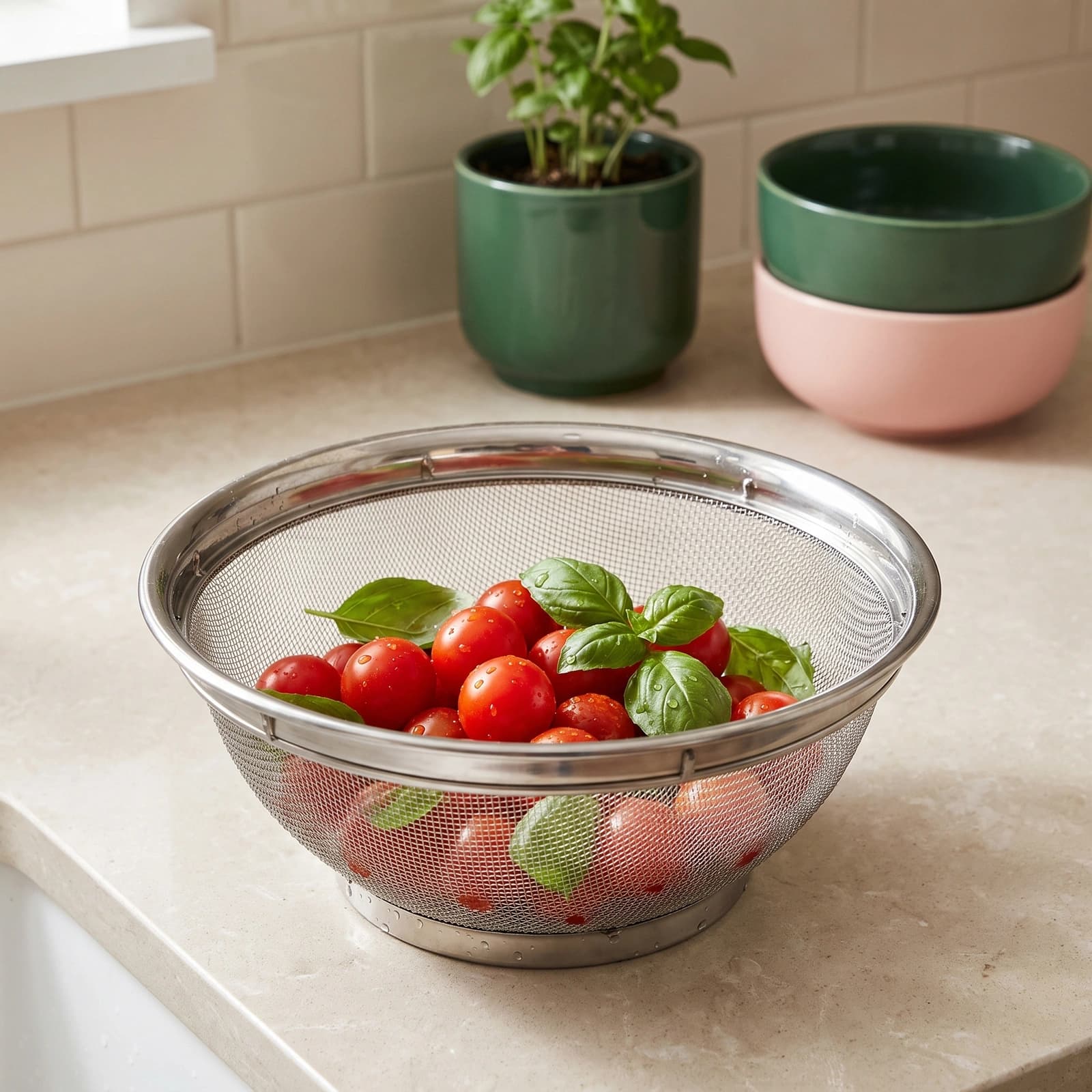 Silver stainless steel mesh colander bowl filled with red cherry tomatoes and green basil leaves on a light kitchen counter.