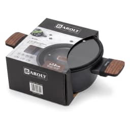 Black ceramic casserole pot with wood-look handles and lid, 22cm diameter, shown in packaging. - view 2